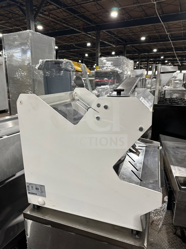 JAC Pico Series electric countertop bread slicer, model MJL45013, heavy duty, 120V, on legs, white finish, visible brand label.