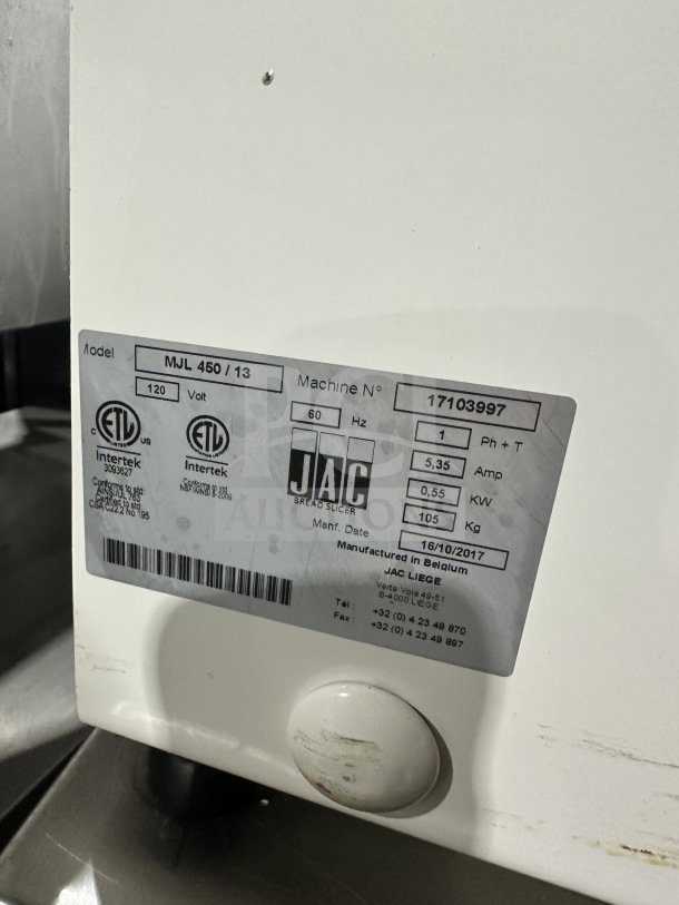 JAC Pico Series MJL450/13 Bread Slicer, Automatic Feed, Heavy Duty, 120V, 1 Phase, Serial 17103997, ETL certified, on legs.
