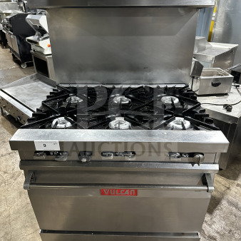 Vulcan 36L commercial stainless steel gas-powered range/oven combo, 36" French top, 6-burner, with backsplash and overhead shelf.