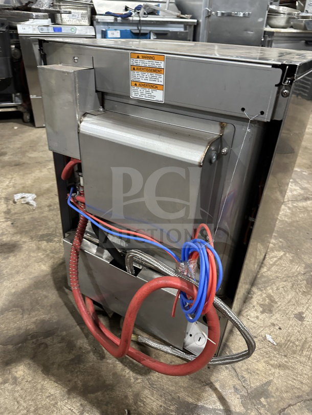 Hobart Advansys LXER high-temp dishwasher, stainless steel, Energy Star, new body style, visible wiring, warning label shown.