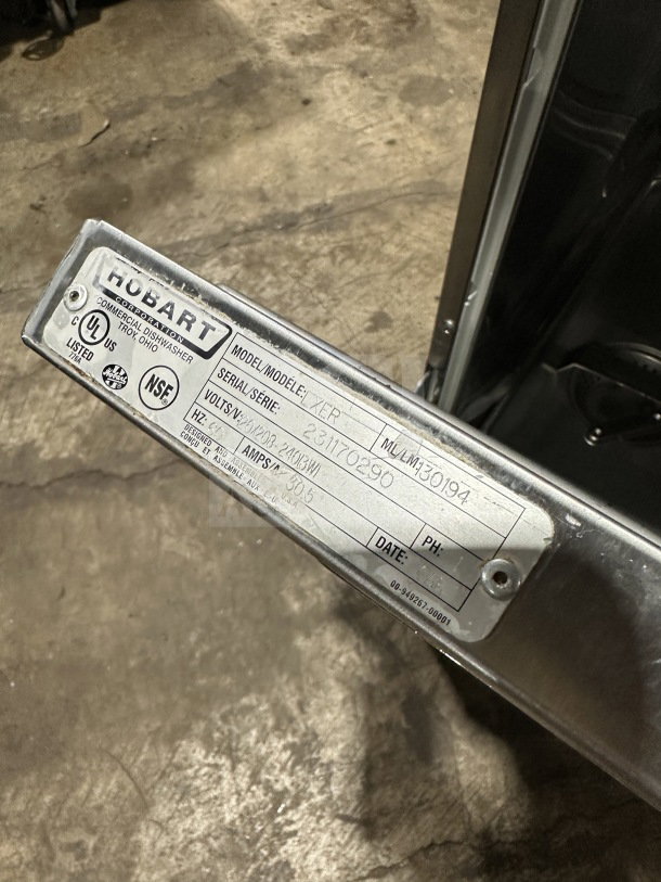 Hobart LXER commercial dishwasher, stainless steel, high-temp, Energy Star certified, label showing UL and NSF listings.