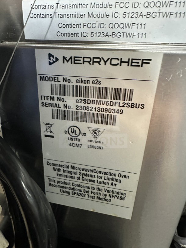 MerryChef Eikon E2S black electric countertop rapid cook oven. Serial: 2308213090349. UL listed, commercial microwave/convection.