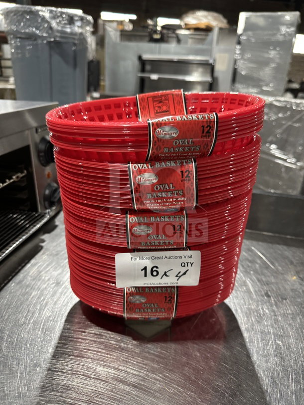 Winco Winware Series red oval fast food serving baskets, Model POB-G, brand new, 12 per case, commercial quality.
