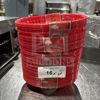 Winco Winware Series red oval fast food serving baskets, Model POB-G, brand new, 12 per case, commercial quality.