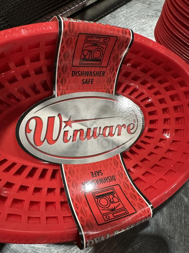 Red oval Winco Winware POBG fast food serving basket, dishwasher safe, part of a 12-piece set. Brand new condition.