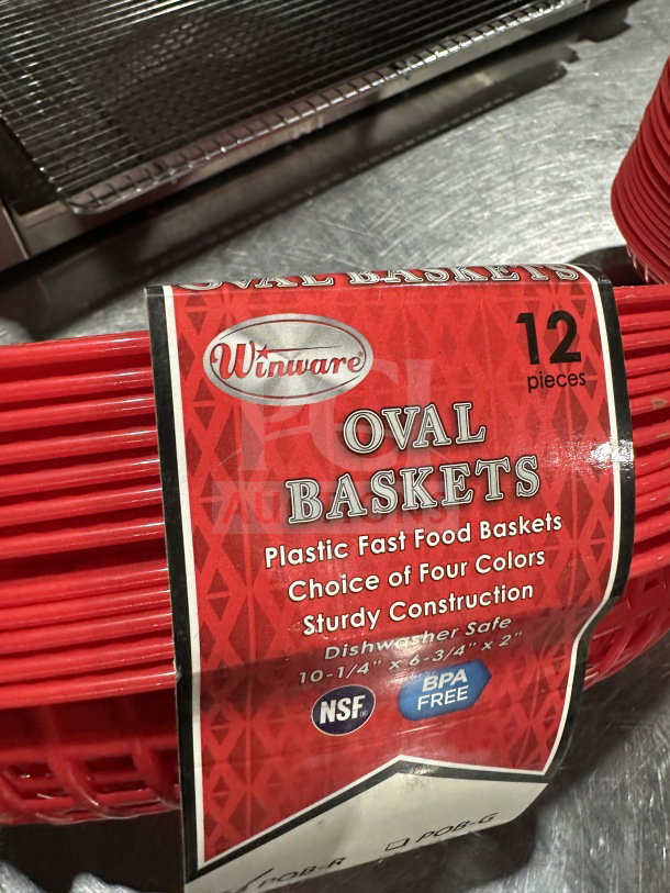 Winco Winware Series red oval fast food serving baskets, model POBG, 12 pieces per case, brand new, dishwasher safe, BPA free.
