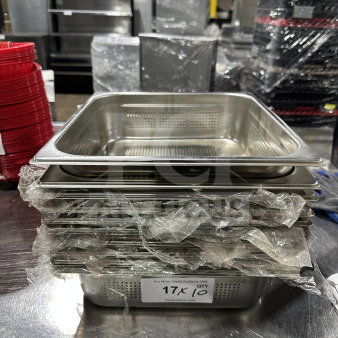New commercial stainless steel perforated full-size steam table pan, stack of five, wrapped, label reads "17X10".