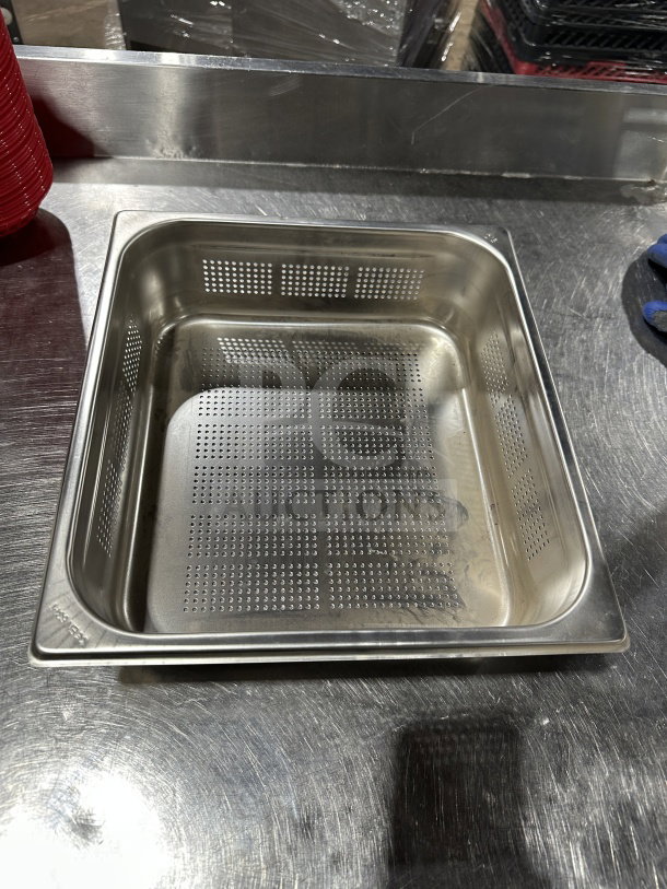 Stainless steel perforated full-size steam table pan, new condition, commercial-grade quality.