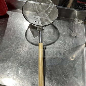 Brand new 12" double mesh stainless steel bowl strainer with wooden handle, unused, includes tags showing size and quantity.