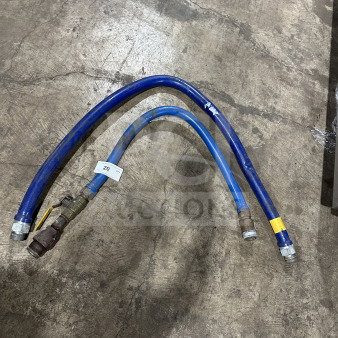 Dormont blue commercial moveable gas connector hoses in used condition, featuring yellow and white labels.