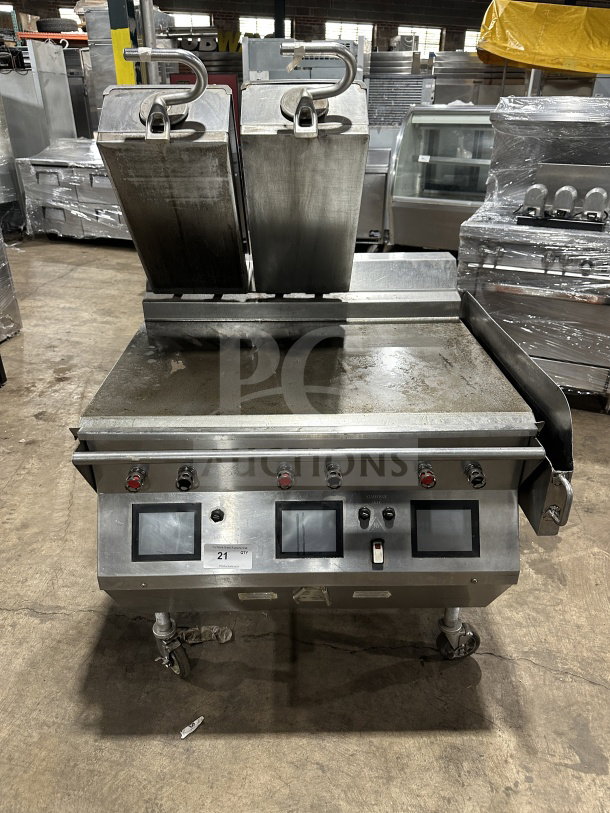 Taylor L813 stainless steel double platen griddle, 36", gas/electric, programmable controls, on casters, SN: M4026283.