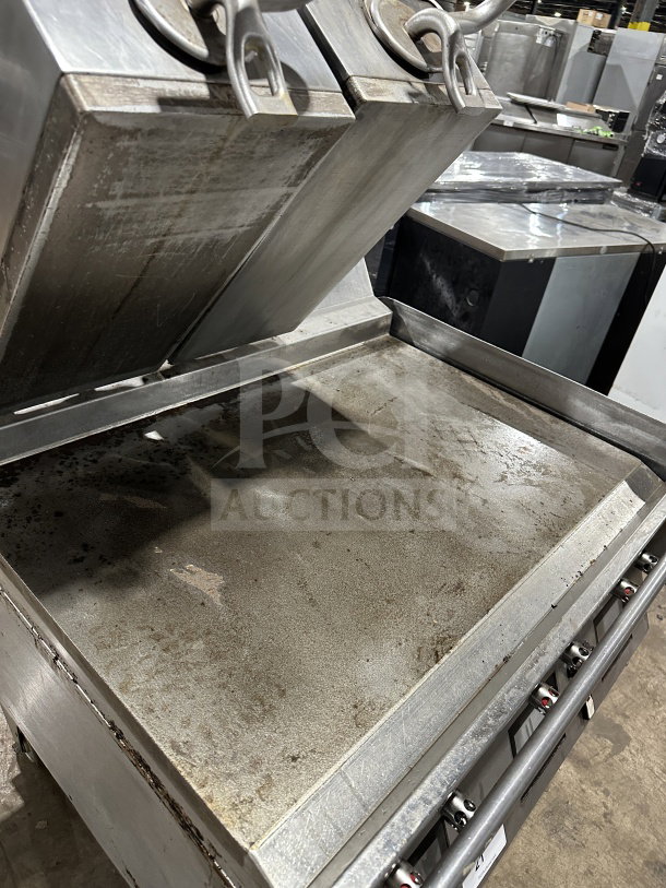 Taylor L813 commercial stainless steel double platen 3-lane griddle, 36", programmable controls, on casters, used condition.