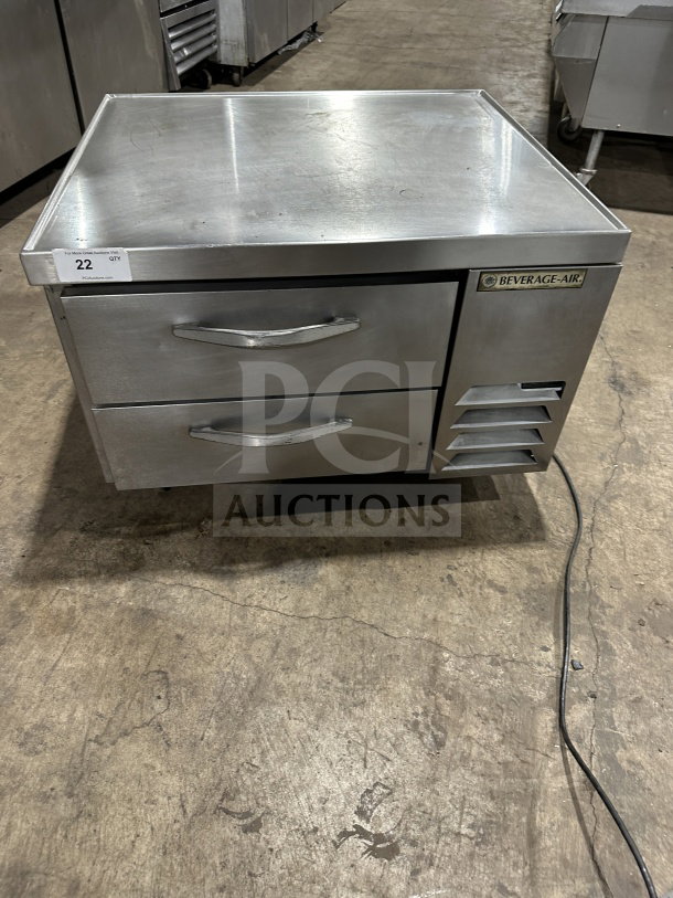 Beverage-Air stainless steel chef base with 2 refrigerated drawers, worktop, model WTRCS36-1-003, on casters, 115V.