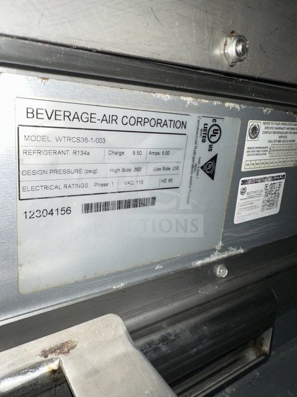Beverage-Air commercial chef base, model WTRCS36-1-003, SN 12304156, stainless steel, 2-drawer, refrigerated, on casters.