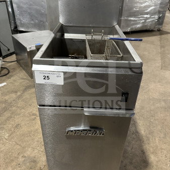 Imperial commercial stainless steel electric deep fat fryer with backsplash, basket hanger, and fry basket. On casters.