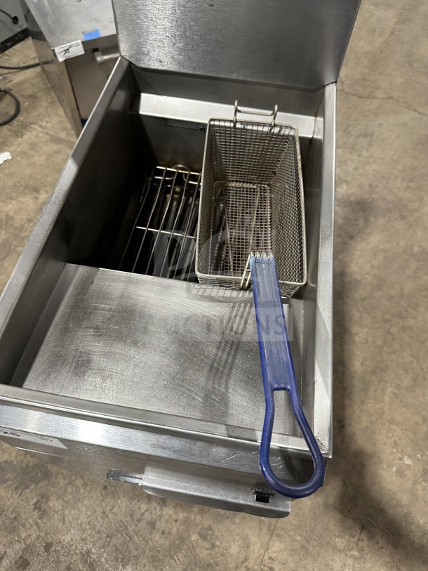 Imperial stainless steel electric deep fryer with back splash, basket hanger, and fry basket, on casters, slightly used.
