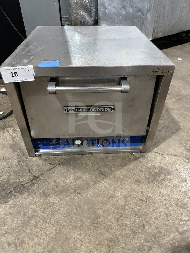 Bakers Pride P18 stainless steel electric countertop pizza oven, single chamber, double deck. Used condition, model label visible.