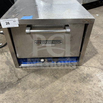 Bakers Pride P18 stainless steel electric countertop pizza oven, single chamber, double deck. Used condition, model label visible.