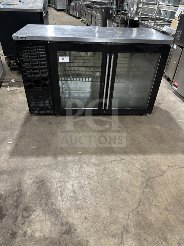 Perlick BBS60-RM commercial stainless steel cooler with glass 2-door, chrome wire rack, on casters, 115V 1Phase, SN: 713287.