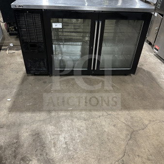 Perlick BBS60-RM commercial stainless steel cooler with glass 2-door, chrome wire rack, on casters, 115V 1Phase, SN: 713287.