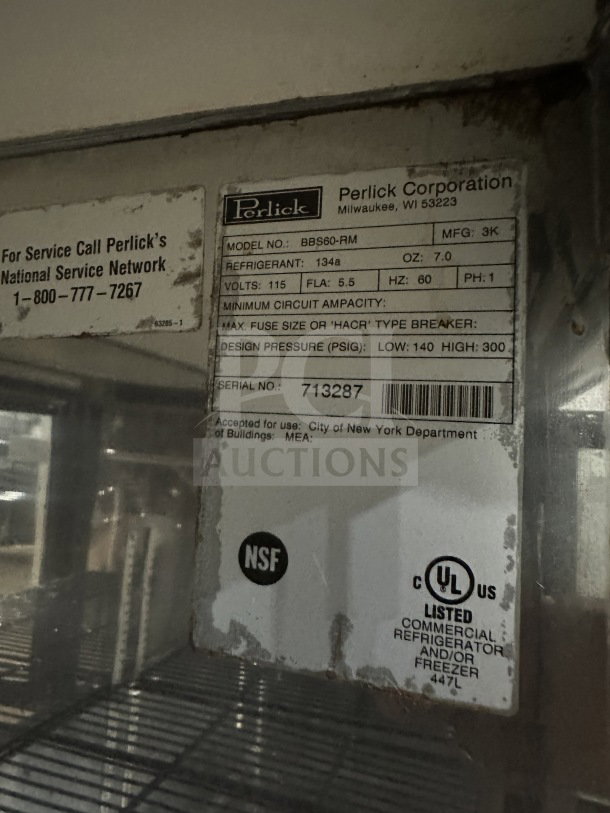 Perlick BBS60RM bar back cooler, stainless steel, glass 2-door, chrome wire rack, on casters. Serial: 713287. UL listed.