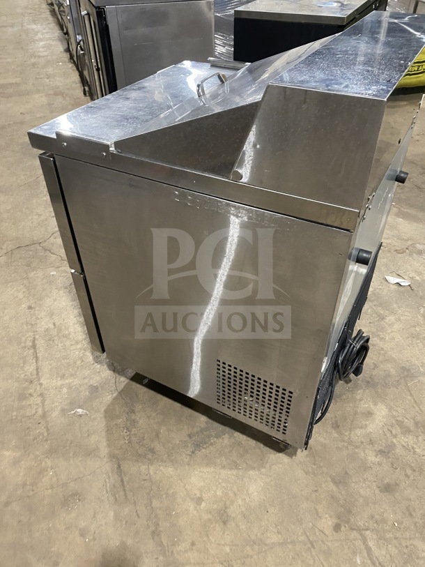 Turbo Air 2-Drawer Stainless Steel Prep Table, model TST-28SD-D2-N, 115V, on casters, excellent condition.