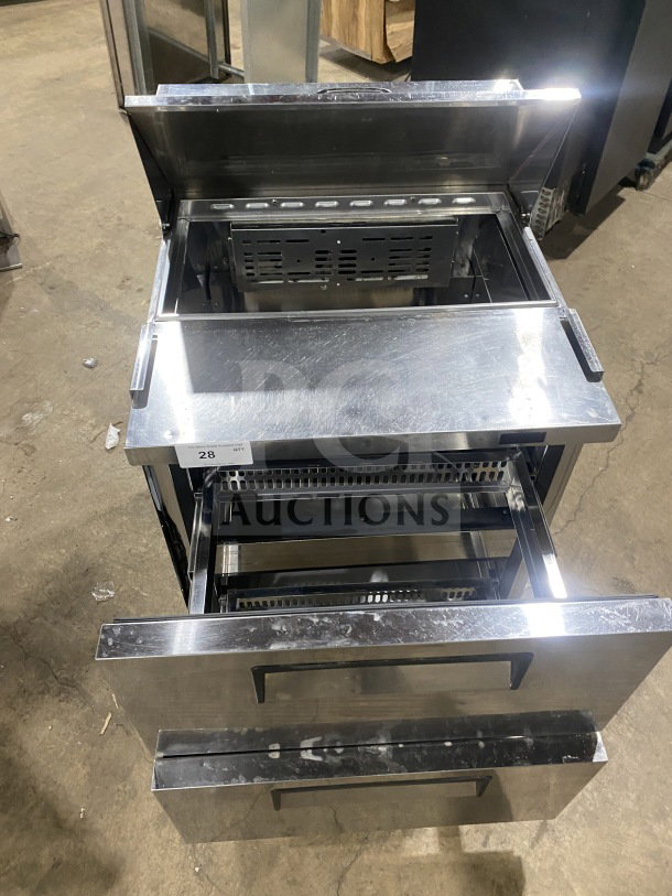 Turbo Air TST-28SD-D2-N stainless steel 2-drawer refrigerated prep table, model TST28SDD2N, on casters, good condition.