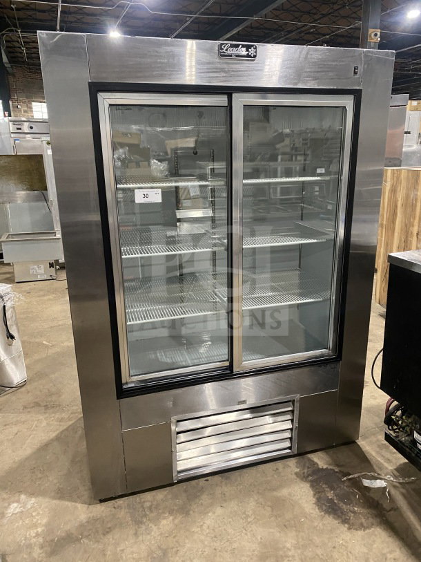 Leader LS54SC commercial stainless steel refrigerator with rear sliding glass doors and poly-coated racks. 115V, 1 phase.