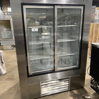 Leader LS54SC commercial stainless steel refrigerator with rear sliding glass doors and poly-coated racks. 115V, 1 phase.