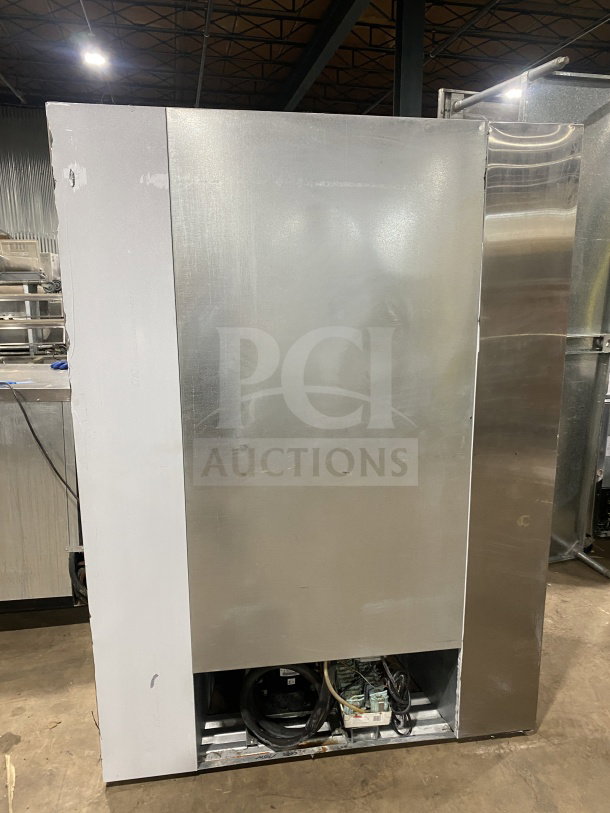 Leader LS54SC commercial refrigerator, stainless steel, rear access sliding glass doors, poly coated racks, 115V, 1 phase.