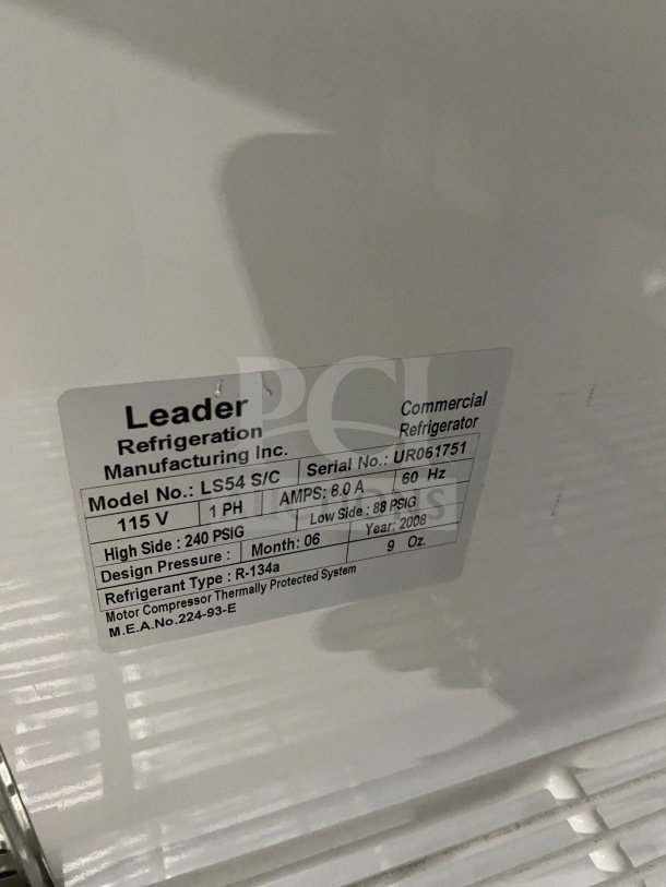 Leader LS54SC commercial refrigerator label, 115V, 1 phase, serial UR061751, R-134a refrigerant, poly coated racks.