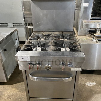 Southbend S241E commercial stainless steel 4-burner gas range/oven with backsplash, salamander shelf, and casters.