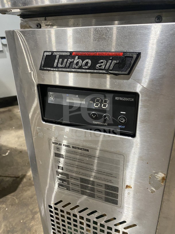 Turbo Air J-Series stainless steel undercounter refrigerator, model JUR-36, with digital display, side mount compressor, and poly-coated wire rack.