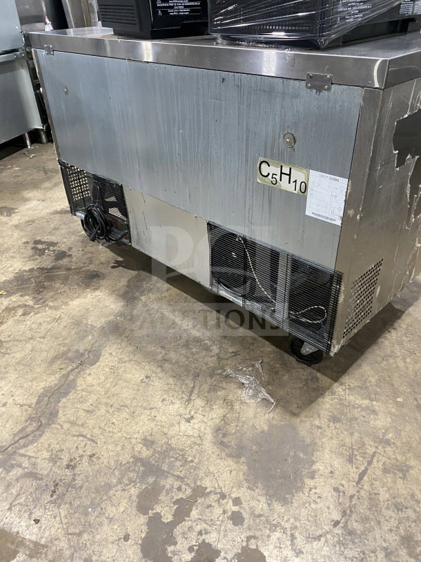 Migali 2-door undercounter refrigerator, model CU60RHC, stainless steel, on casters, 115V, poly-coated rack included.