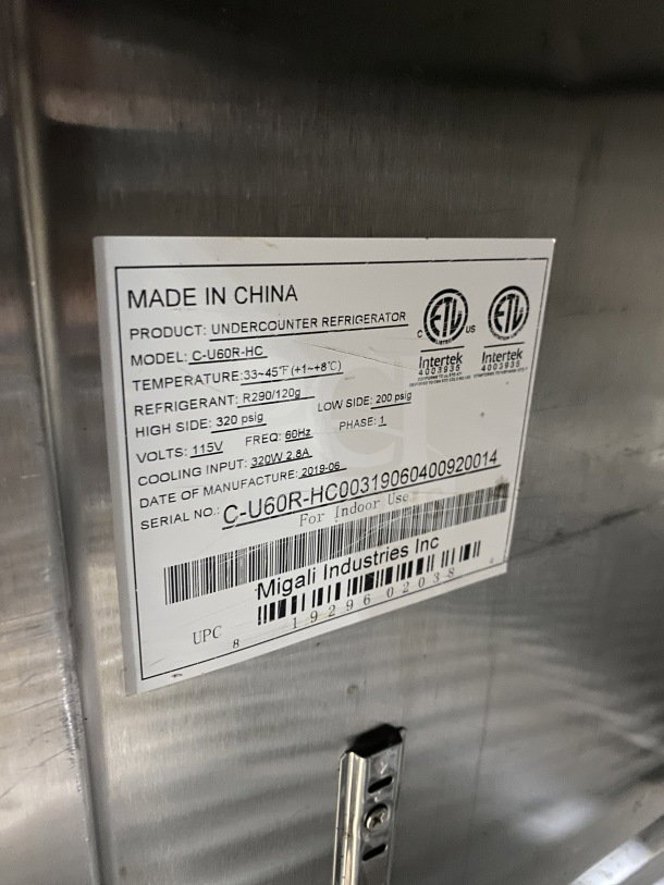 Migali Commercial 2-Door Undercounter Refrigerator, Model C-U60R-HC, stainless steel, poly coated rack, on casters.