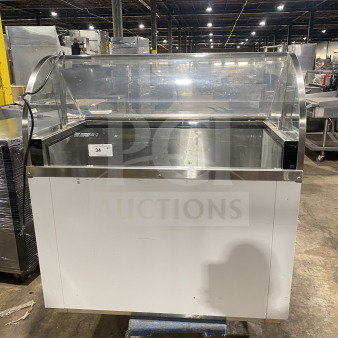 Commercial 46" white curved glass ice cream/frozen yogurt cabinet with rear lift-open access, ideal for businesses.