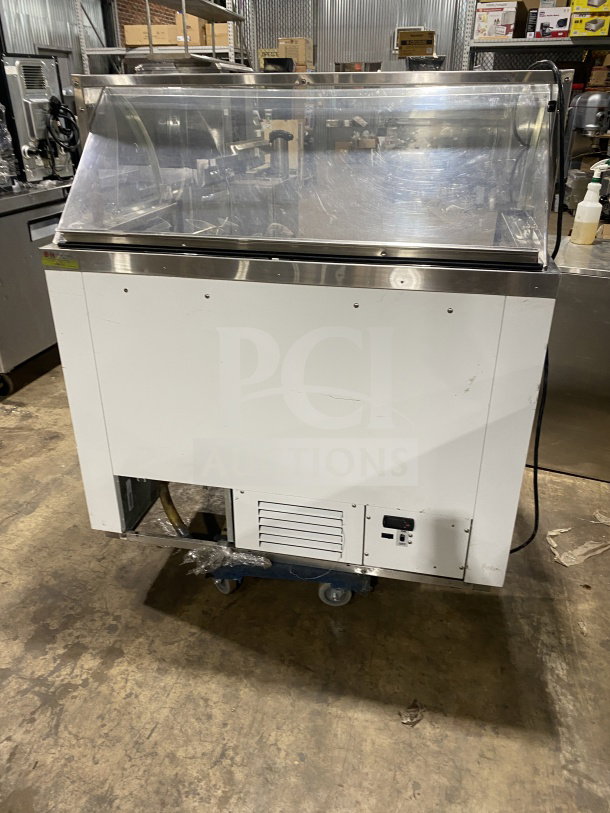 White curved glass 46" horizontal ice cream/frozen yogurt dipping cabinet with rear lift-open access, commercial use.