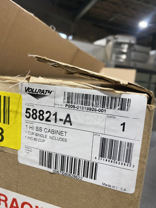 Vollrath Commercial Cup Dispenser, Model 58821-A, stainless steel, new in box, single-slot, includes 80 cup capacity.