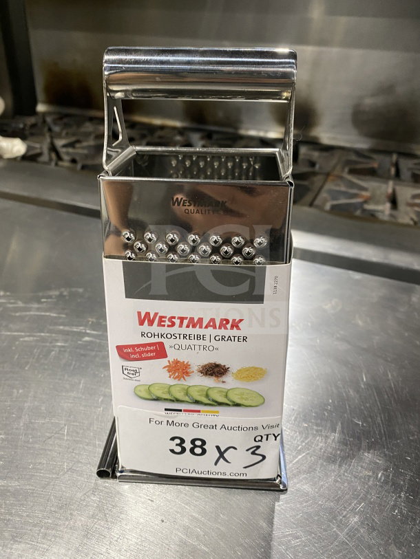 Brand new Westmark Quattro Series 4-sided box grater, stainless steel, model 11382270, with sliding closure.