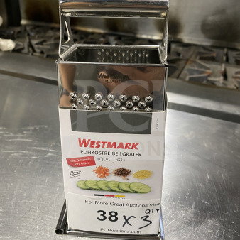 Brand new Westmark Quattro Series 4-sided box grater, stainless steel, model 11382270, with sliding closure.