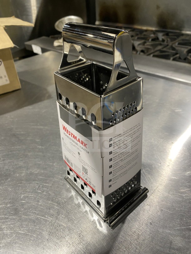 Brand new Westmark Quattro Series stainless steel 4-sided box grater with sliding closure, Model 11382270, commercial-grade.