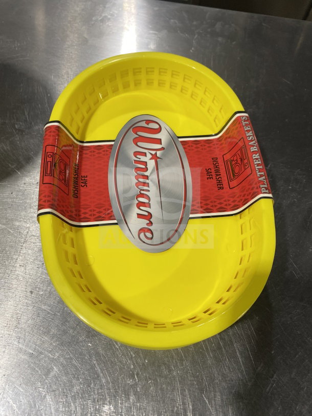 Brand new Winco Winware Series yellow oval fast food serving basket, model PLBY, dishwasher safe, 1 dozen per bundle.