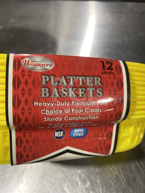 Winco Winware Series yellow oval fast food serving basket, model PLB-Y, BPA-free, NSF certified, pack of 12, new condition.