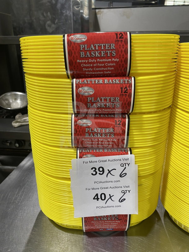 Winco Winware yellow fast food serving baskets, model PLBY, 1 dozen. New condition, durable poly, dishwasher safe.