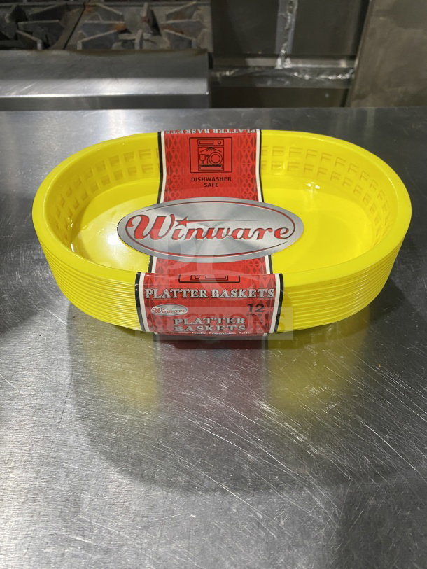 Winco Winware PLB-Y yellow oval fast food serving baskets, brand new, dishwasher safe, 1 dozen bundle, commercial use.
