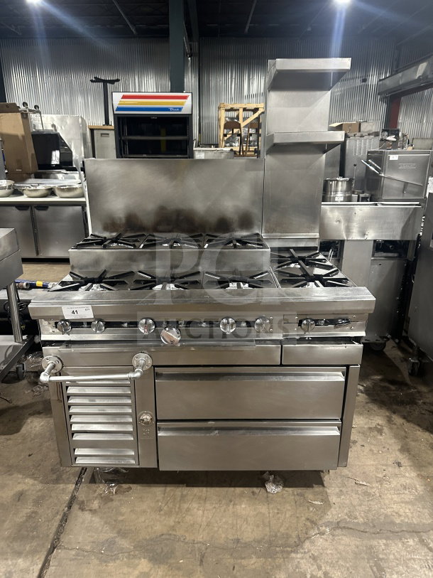 Jade Range TRLH02ST48 8-burner stainless steel range with 2-drawer chef base, back splash, flue riser, on casters.