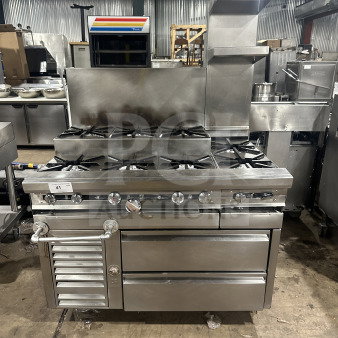 Jade Range TRLH02ST48 8-burner stainless steel range with 2-drawer chef base, back splash, flue riser, on casters.