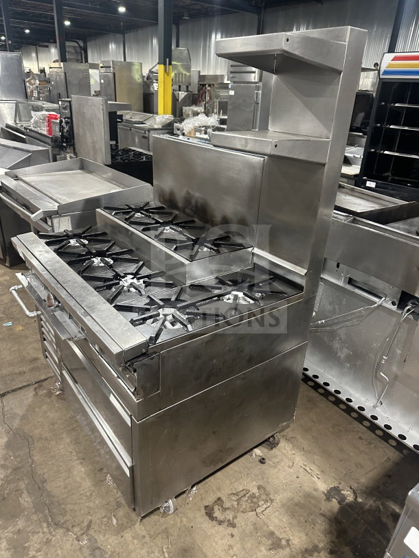 Jade Range 8-burner stainless steel commercial range with 2-drawer chef base, backsplash, double back guard, model TRLH-02S-T-48.