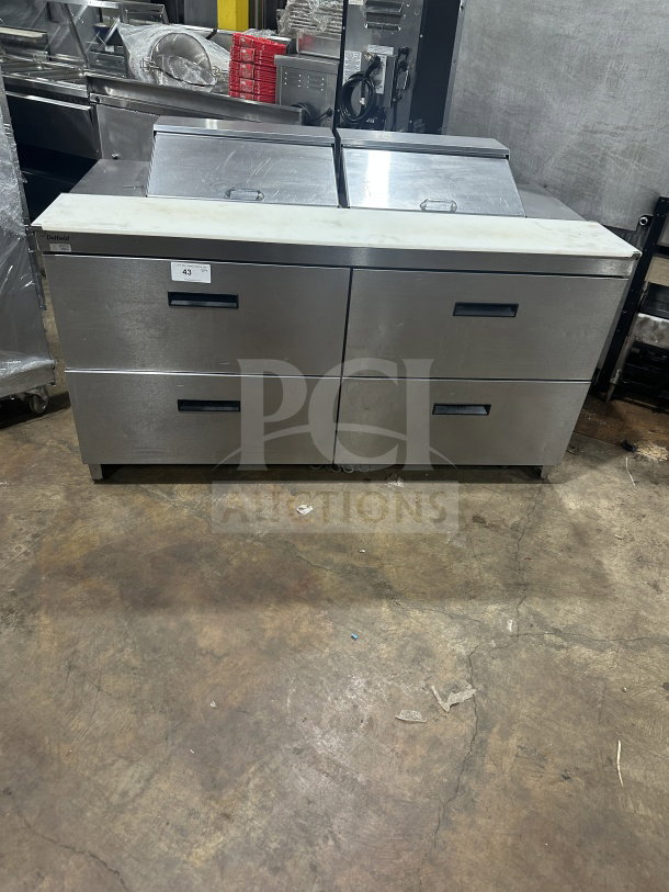 Delfield Manitowoc UCD4464N12DD5 stainless steel 4-drawer refrigerated sandwich prep table with mega top, 115V, good condition.