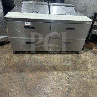 Delfield Manitowoc UCD4464N12DD5 stainless steel 4-drawer refrigerated sandwich prep table with mega top, 115V, good condition.